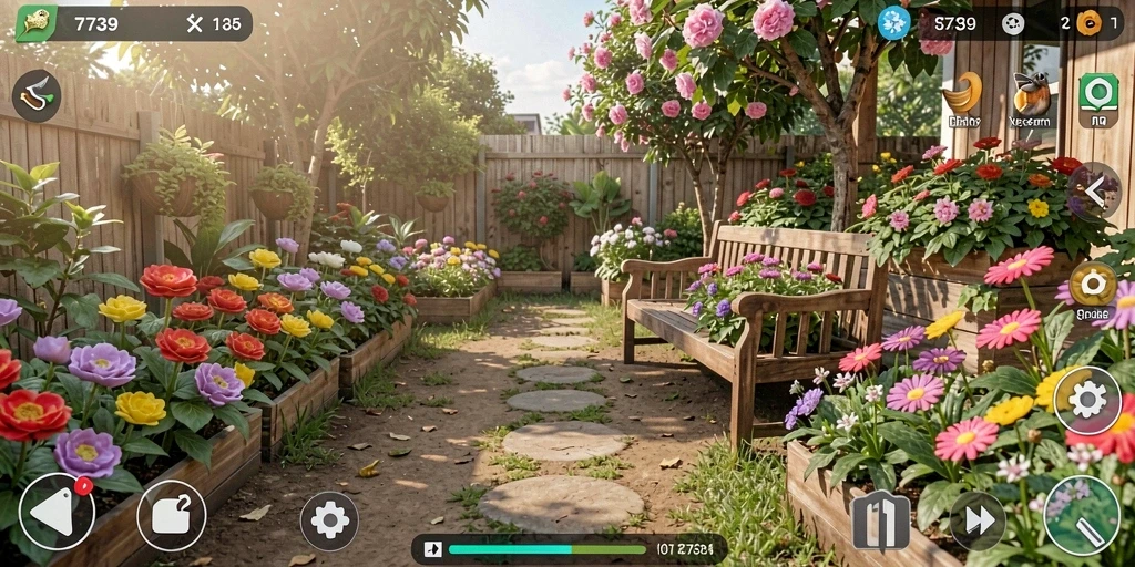 Screenshot gameplay yang menunjukkan kebun yang rimbun dan penuh warna.