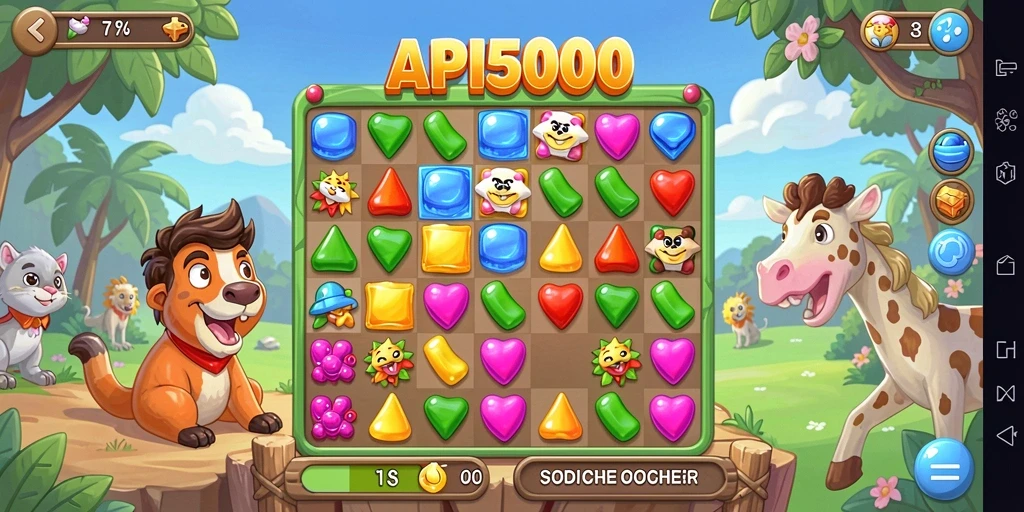 Tangkapan layar gameplay API5000 yang penuh warna dan tantangan Match-3.
