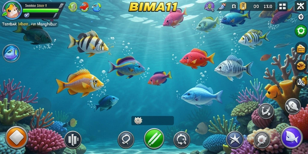 Screenshot gameplay BIMA11 menampilkan aksi menembak ikan yang seru.
