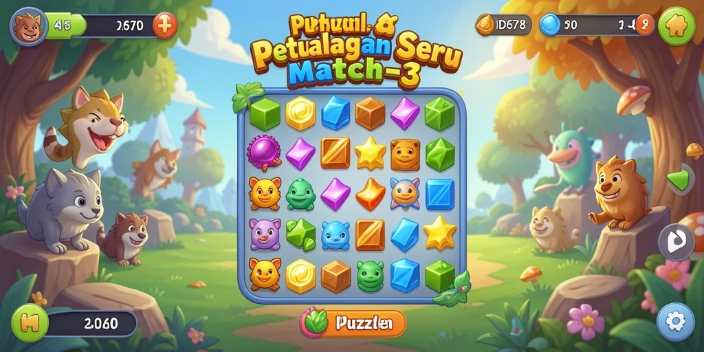 Screenshot menunjukkan gameplay seru ID678 dengan aksi Match-3 yang menantang.