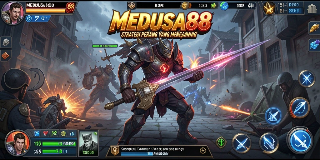 Screenshot utama MEDUSA88 menampilkan pertempuran menegangkan di medan perang.