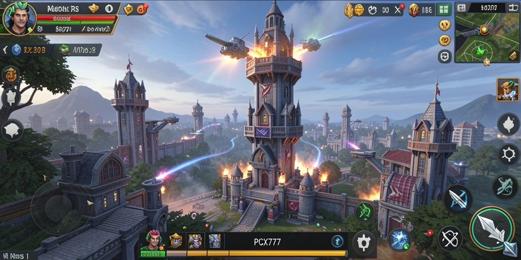 Screenshot gameplay menakjubkan dari PCX777 dalam aksi Tower Defense.