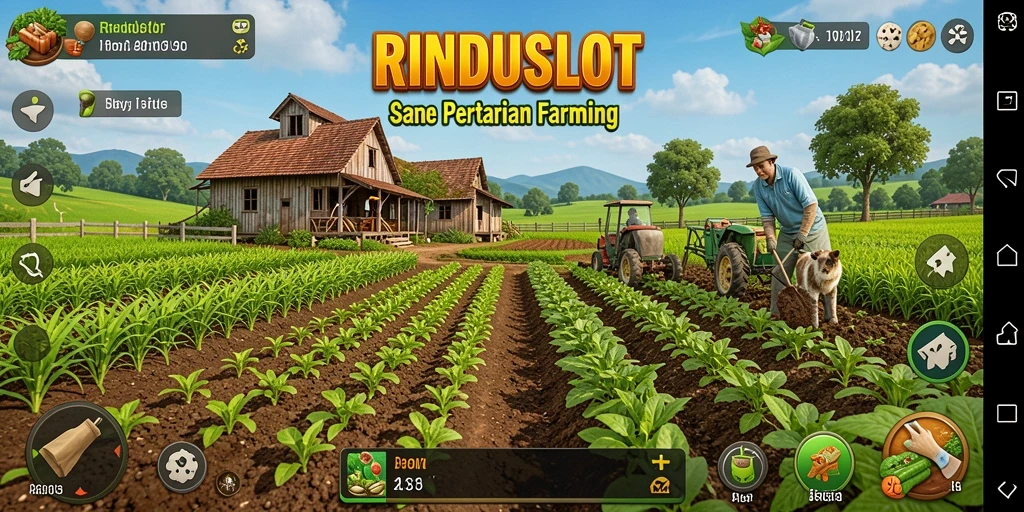 Screenshot gameplay RINDUSLOT menunjukkan lahan pertanian yang subur dan beragam aktivitas.