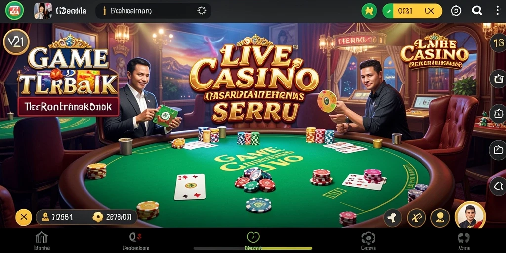 Gameplay V21 yang seru dengan dealer langsung dan suasana kasino.